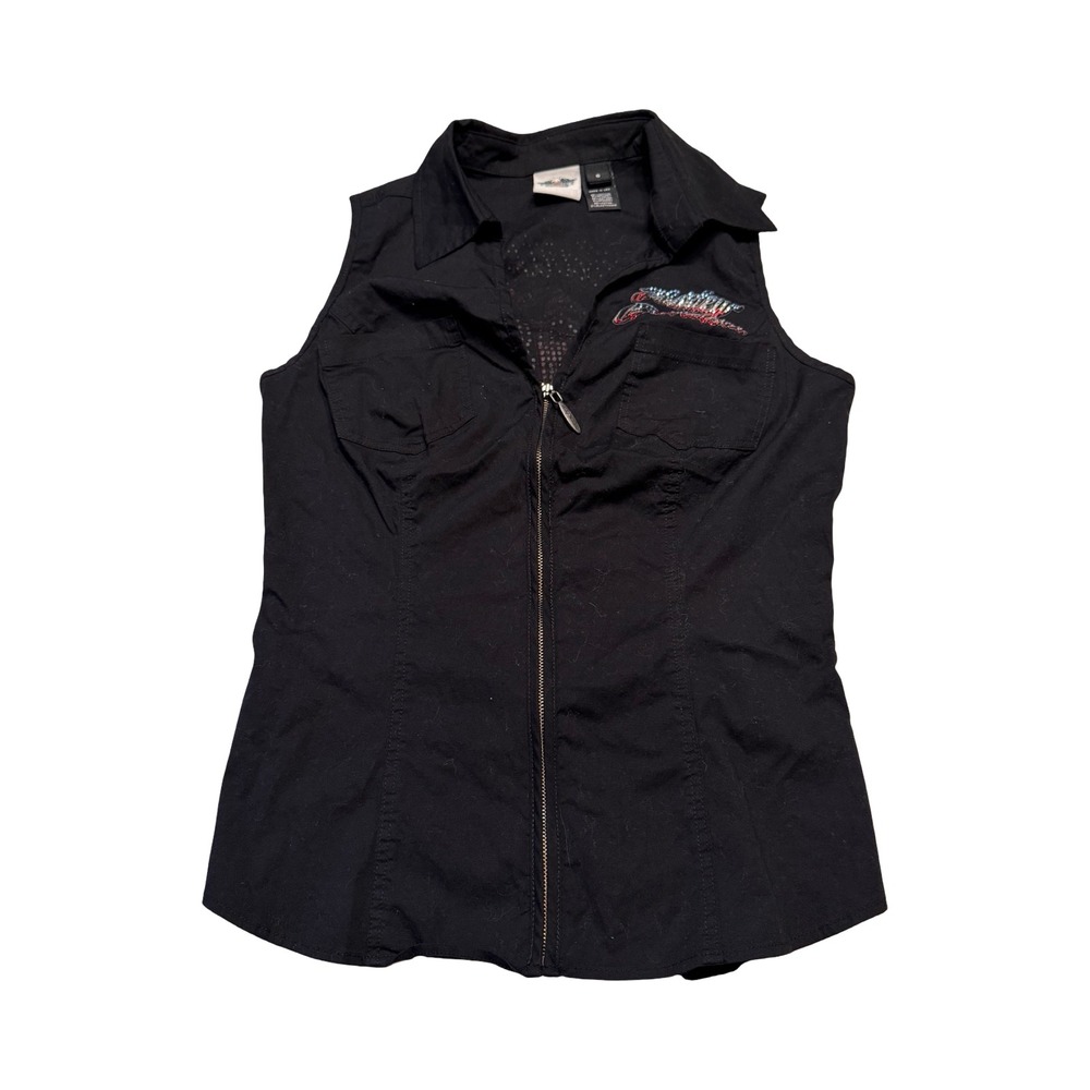 Harley-Davidson Womens Black Rhinestone Eagle Zip Front Sleeveless Shirt Small